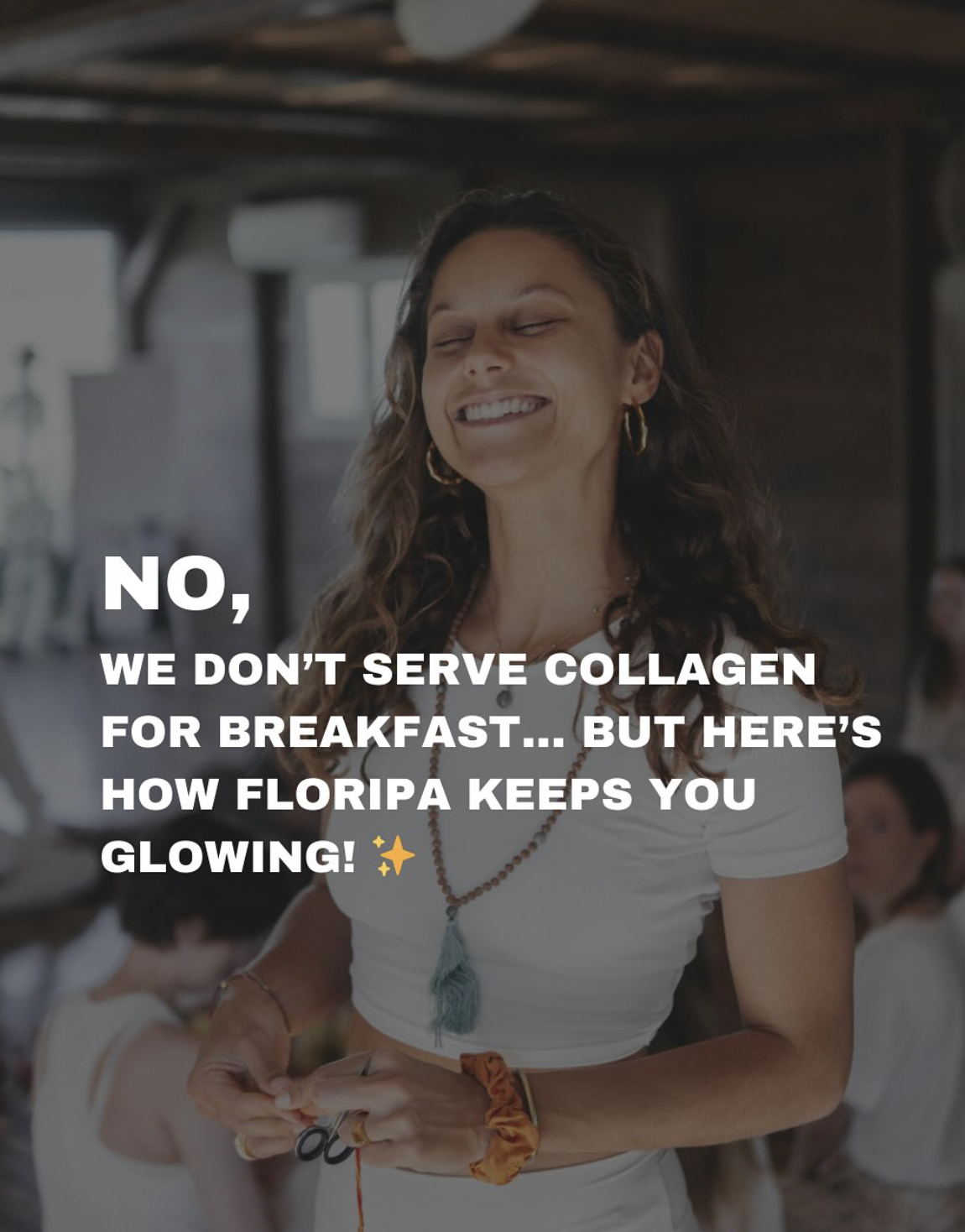 Smiling guest at Floripa Surf and Yoga Retreat in Sicily, radiating happiness and wellness with text overlay about natural glow and holistic care