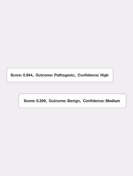 Two text boxes displaying medical test results: first shows Score 0.944, Outcome Pathogenic, Confidence High; second shows Score 0.299, Outcome Benign, Confidence Medium.