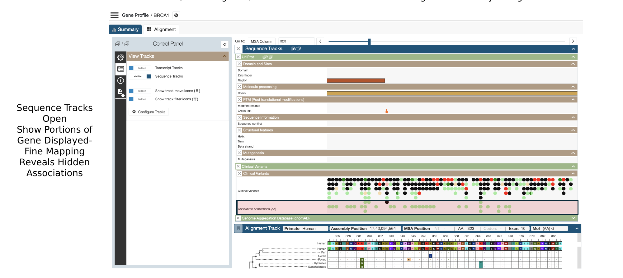 CodeXome gene-wide view showing ClinVar clinical variants alongside a CodeXome annotation track reclassifying a large share of them as likely benign