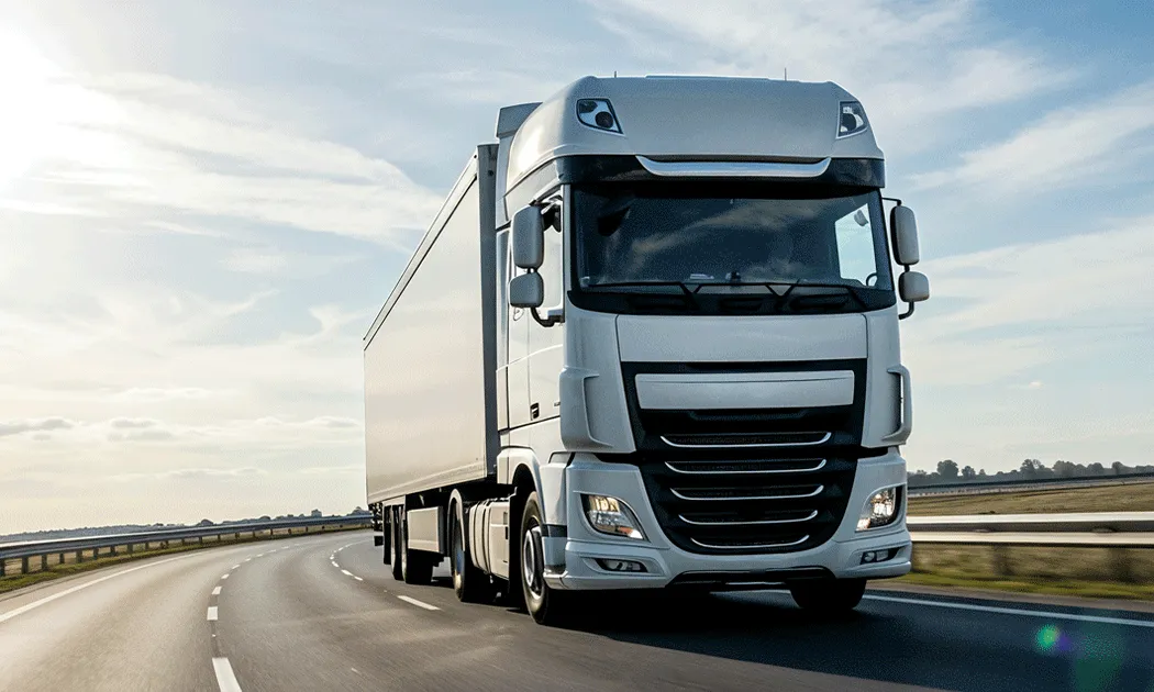 Großer weißer Lastwagen fährt auf einer leeren Autobahn unter blauem Himmel mit einigen Wolken.