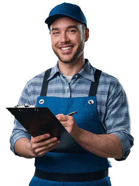 Lächelnder Handwerker in blauer Schürze und Kappe schreibt auf ein Klemmbrett.