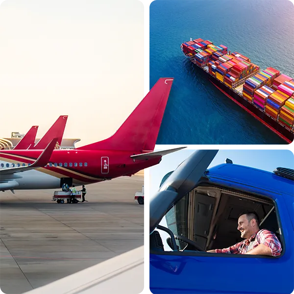 Collage mit rot lackierten Flugzeughecks auf einem Rollfeld, einem Frachtschiff mit bunten Containern im blauen Meer und einem lächelnden Lastwagenfahrer im blauen LKW.