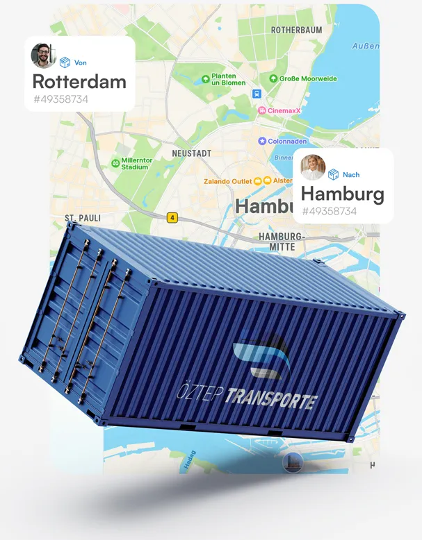 Blauer Transportcontainer mit Logo 'Öztep Transporte' vor einer Landkarte von Hamburg und Rotterdam als Versandroute.