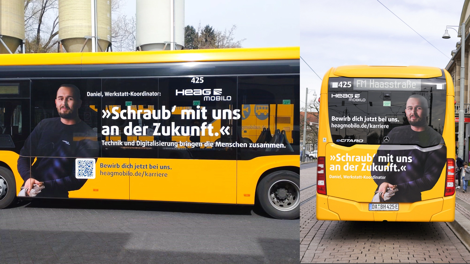 HR-Kampagne 'People in Motion' – Full-Wrap Design für eine Straßenbahn-Beklebungen im öffentlichen Nahverkehr.
