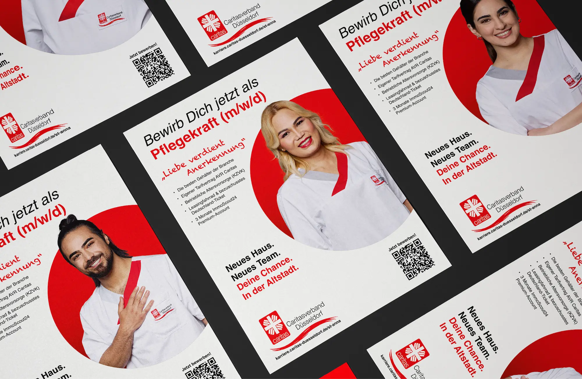Eine Serie von HR-Postern für Caritas – Konsistentes Grafikdesign für die Mitarbeitergewinnung.