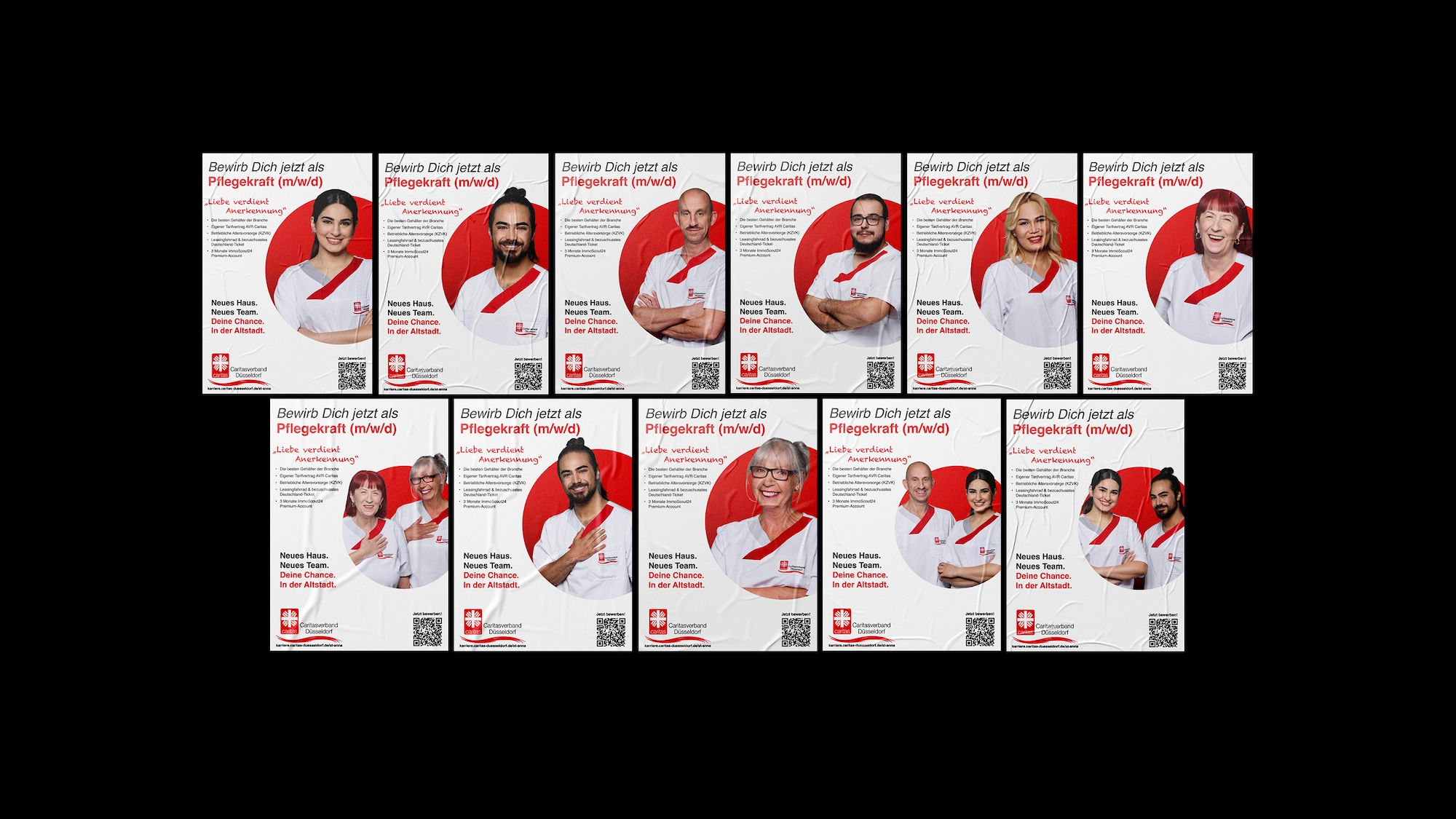 Eine Serie von HR-Postern für Caritas – Konsistentes Grafikdesign für die Mitarbeitergewinnung.
