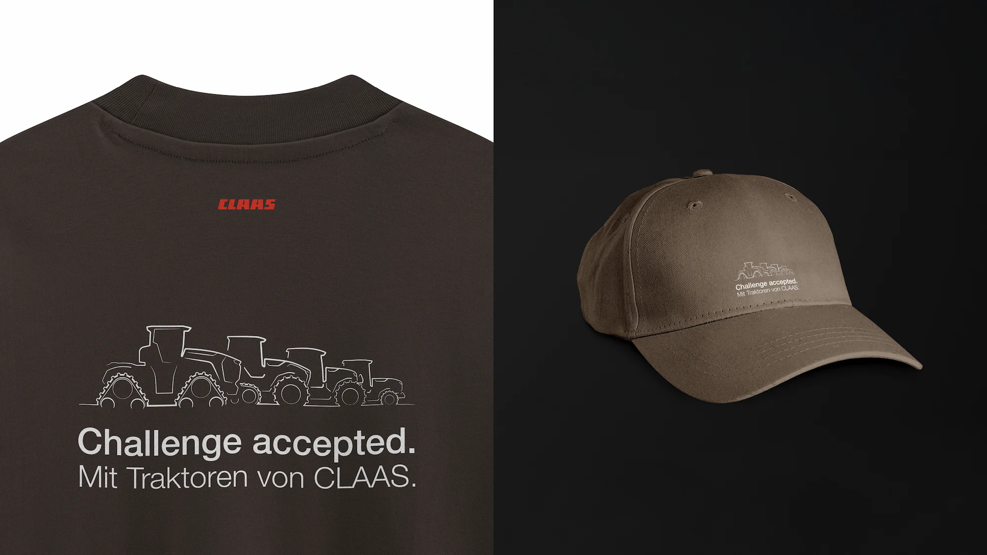 Merchandising-Kollektion für TUC – Konsequente Anwendung der CLAAS Brand Guidelines auf verschiedene Werbemittel.