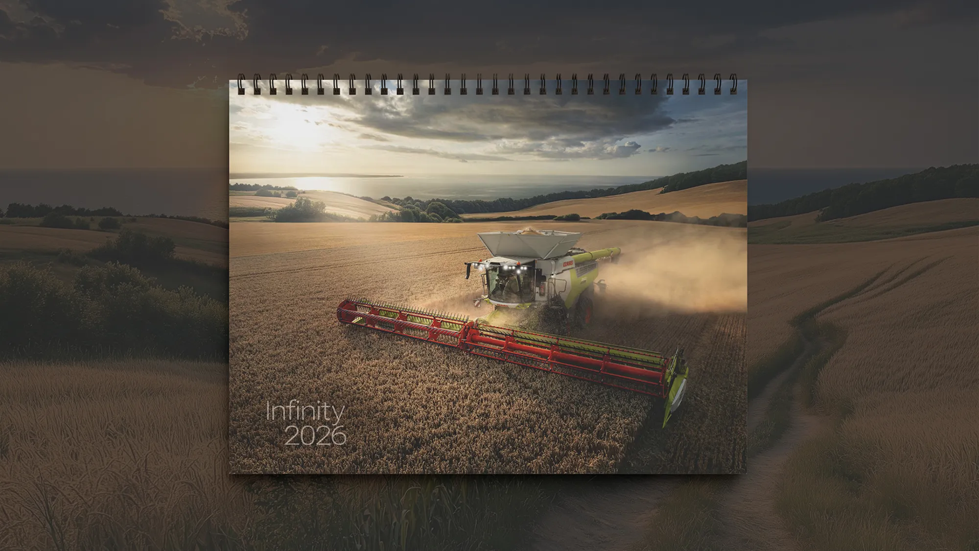 Infinity 2026 Bildkonzept – Kraftvolle CLAAS Maschinenaufnahme integriert in eine maßgeschneiderte, KI-generierte Landschaft.