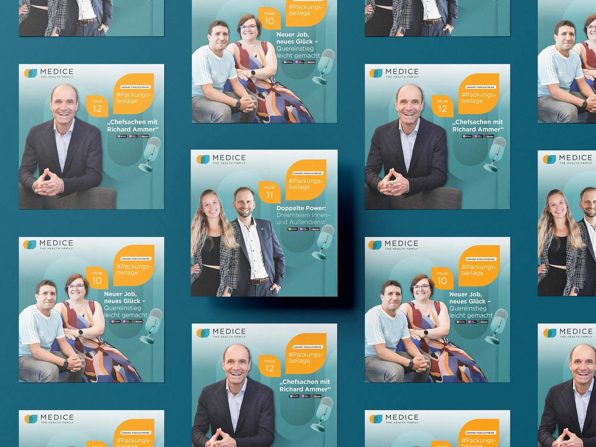 Social Media Visuals für MEDICE – Dynamisches Layout mit pillenförmigen Elementen und markanter Typografie