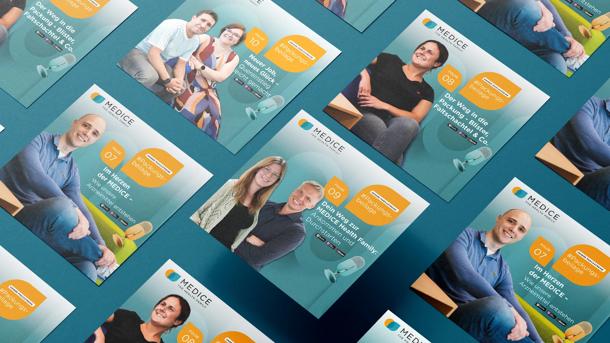 Social Media Visuals für MEDICE – Dynamisches Layout mit pillenförmigen Elementen und markanter Typografie.