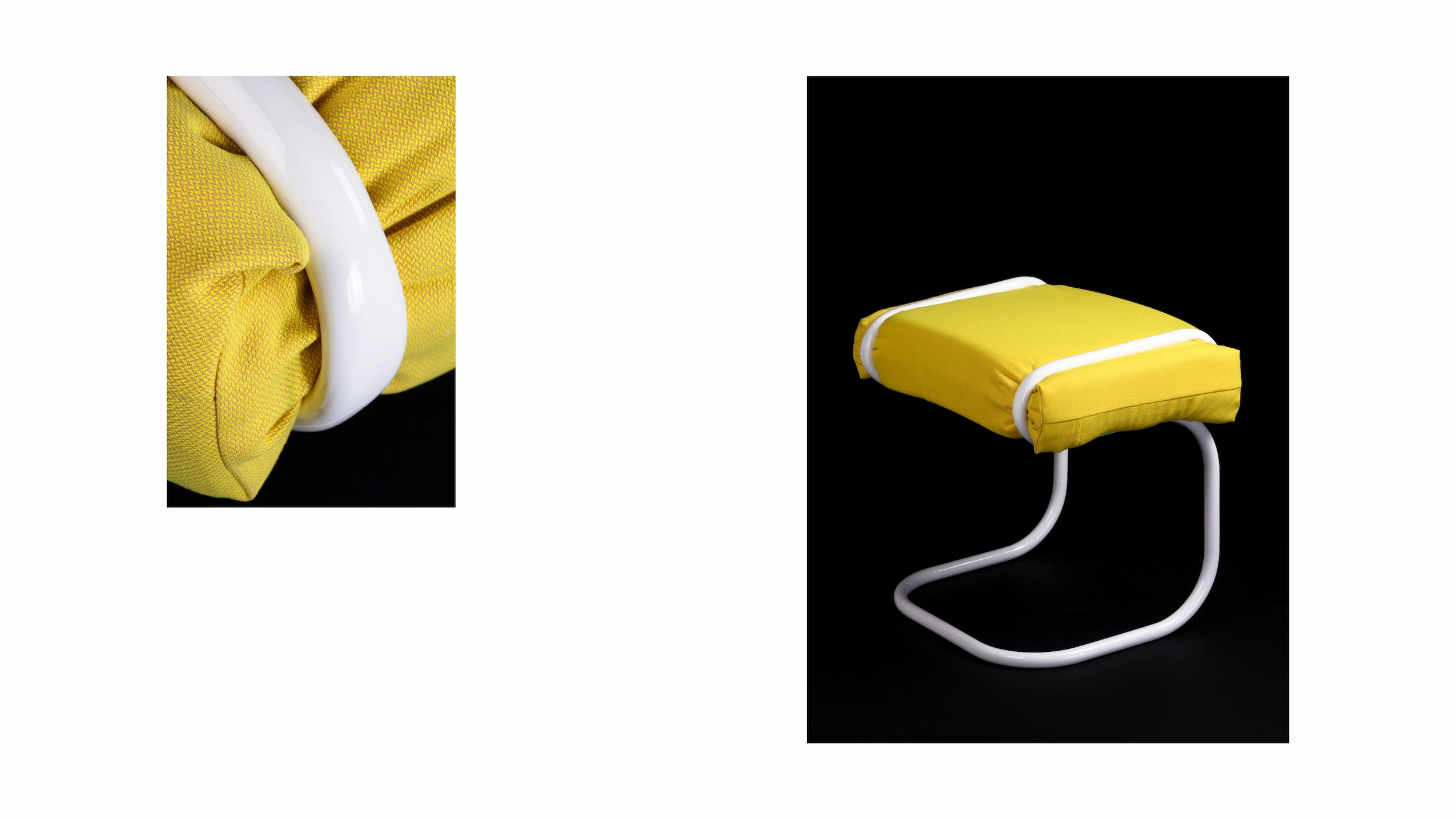 Detailansicht der Quetschung – Kontrast zwischen hartem Stahlrohrrahmen und weichem Schaumstoff.