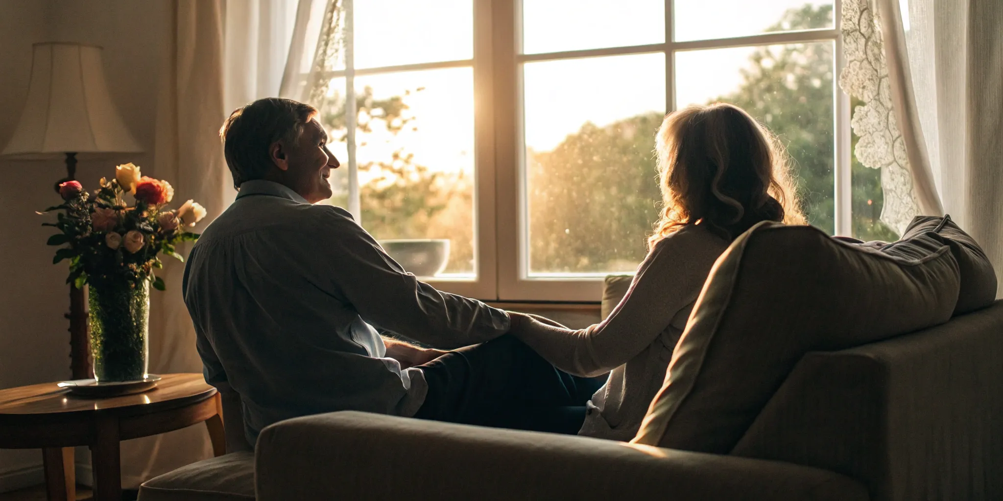 An older couple holding hands on a couch, a strong connection built using the Gottman method.