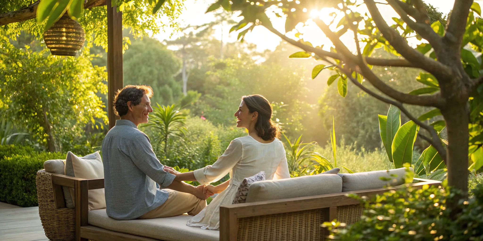 A couple holding hands and talking, learning how to rebuild trust in a marriage.