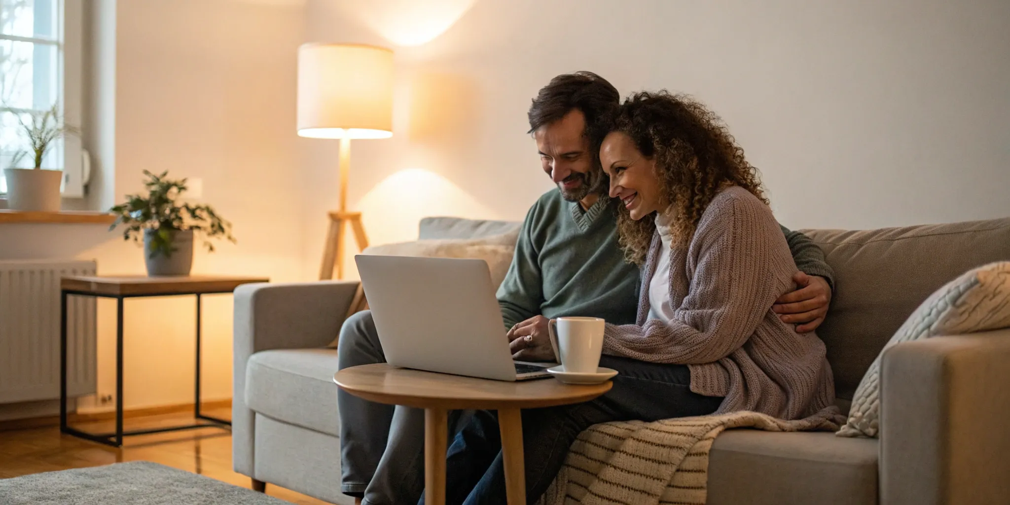 Couple on a couch having a virtual couples therapy session on a laptop.
