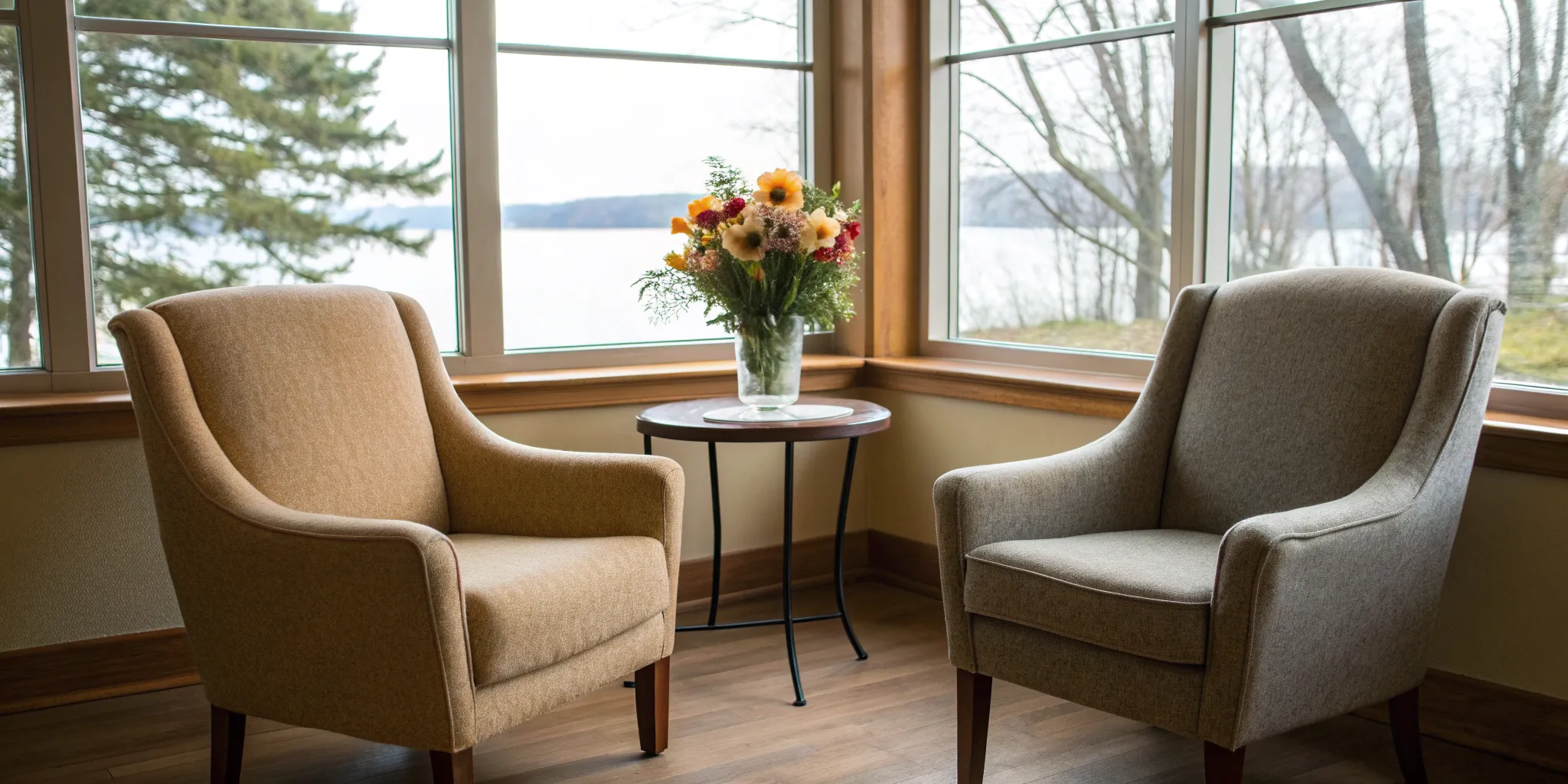 A therapy office with two armchairs prepared for a session with a Gottman certified therapist.