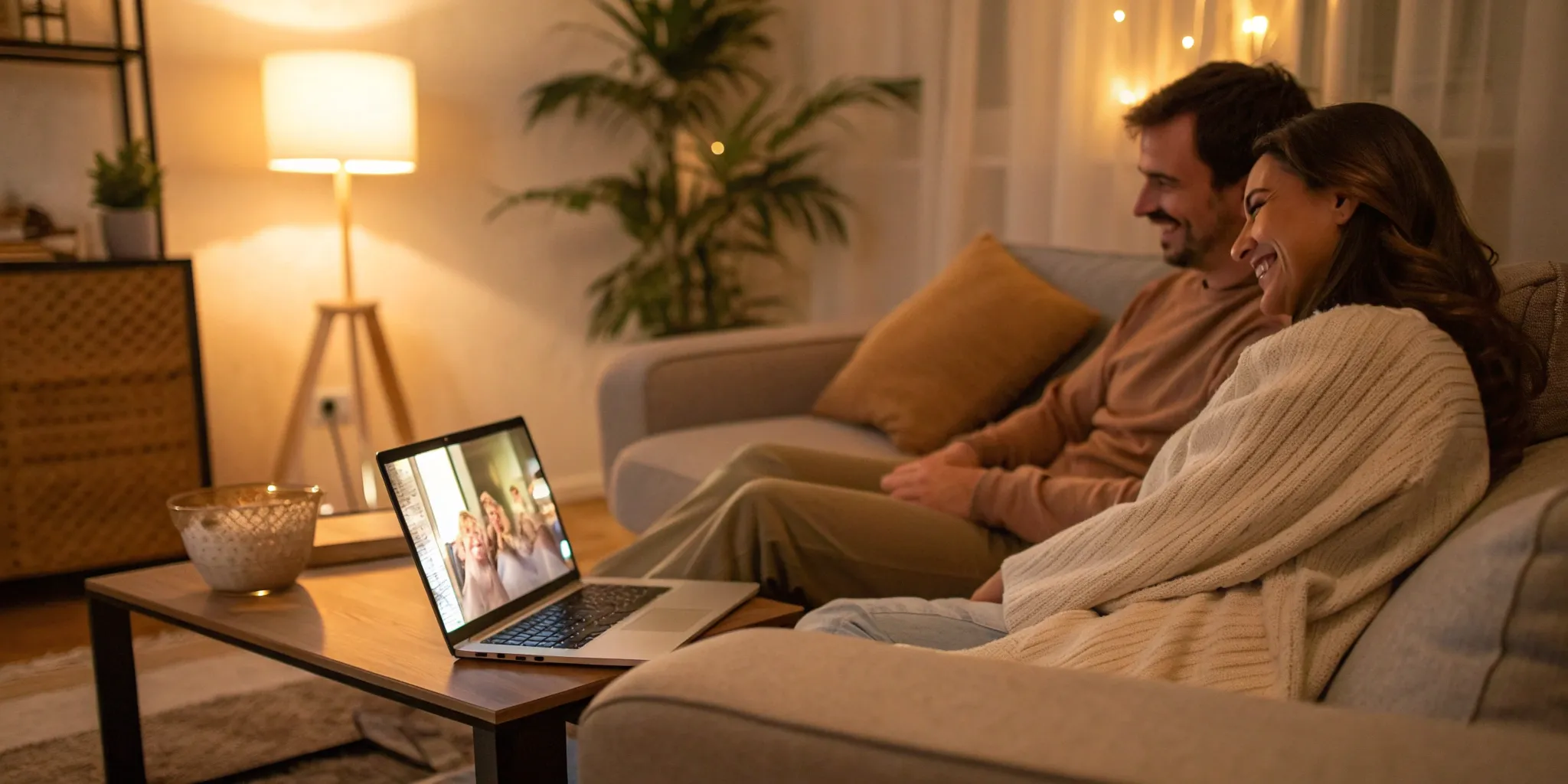 Couple on a couch using a laptop for their online pre-marriage counseling.