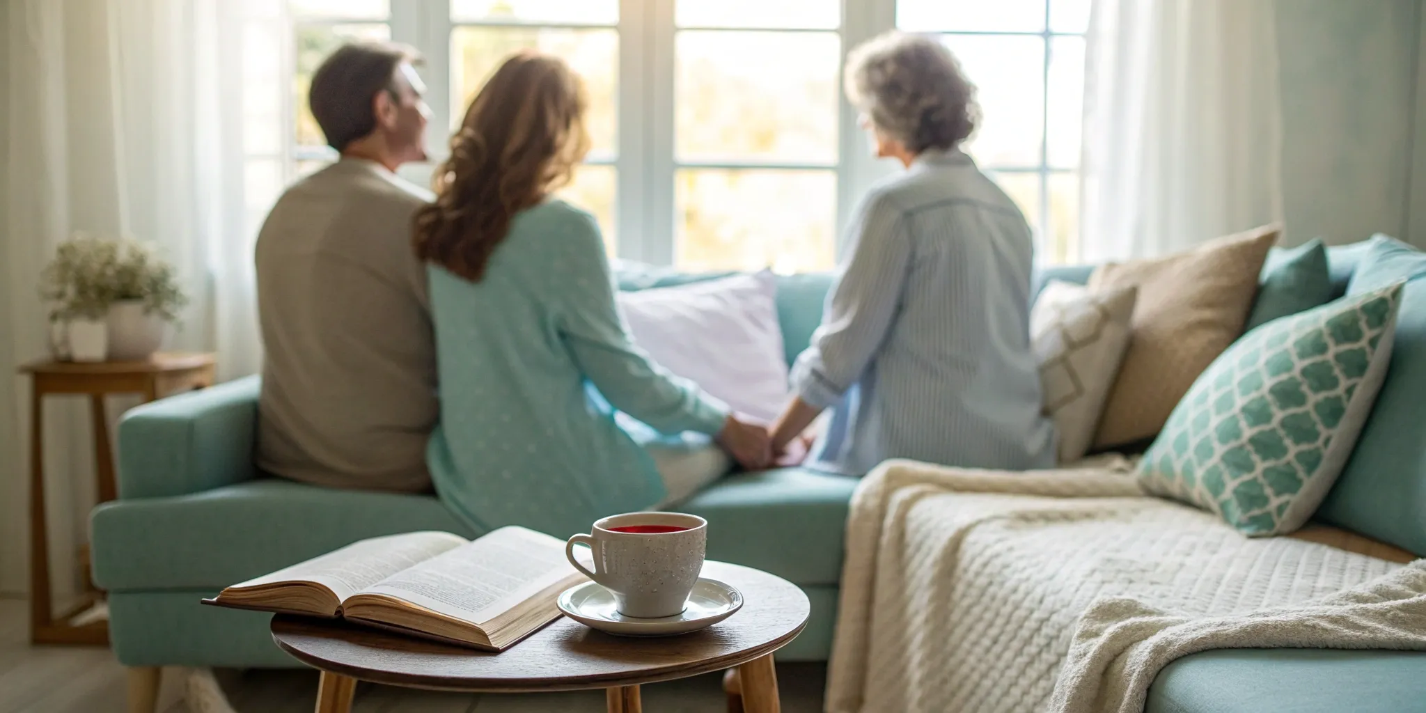 A couple holding hands on a sofa during a Gottman Method therapy session.