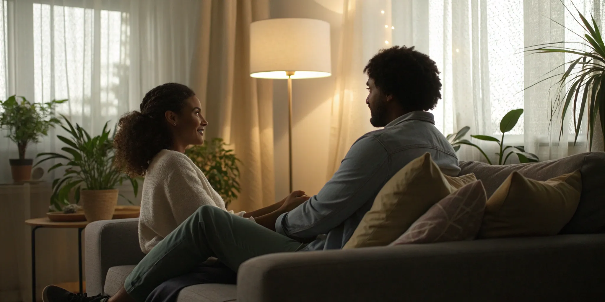 Couple holding hands on a couch, strengthening their bond with attachment-based therapy.