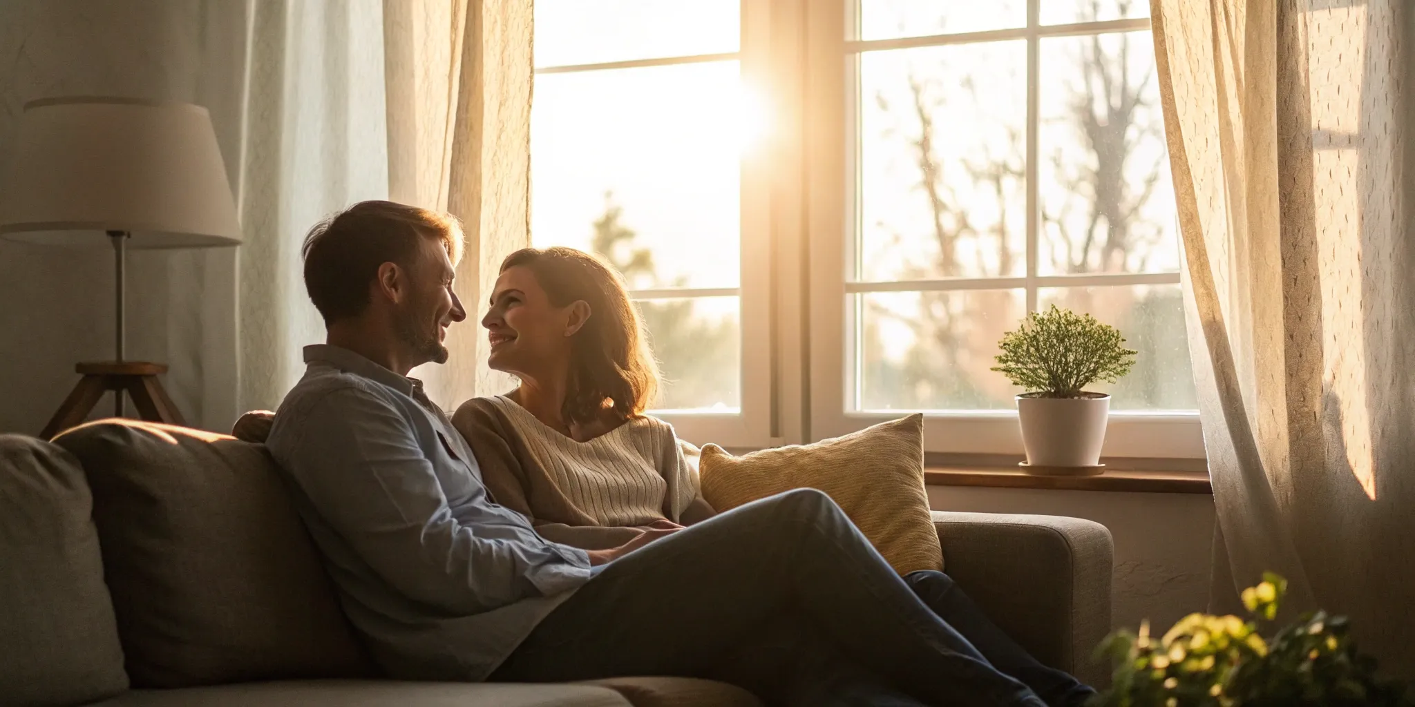 A happy, connected couple on a couch enjoying the benefits of premarital counseling.
