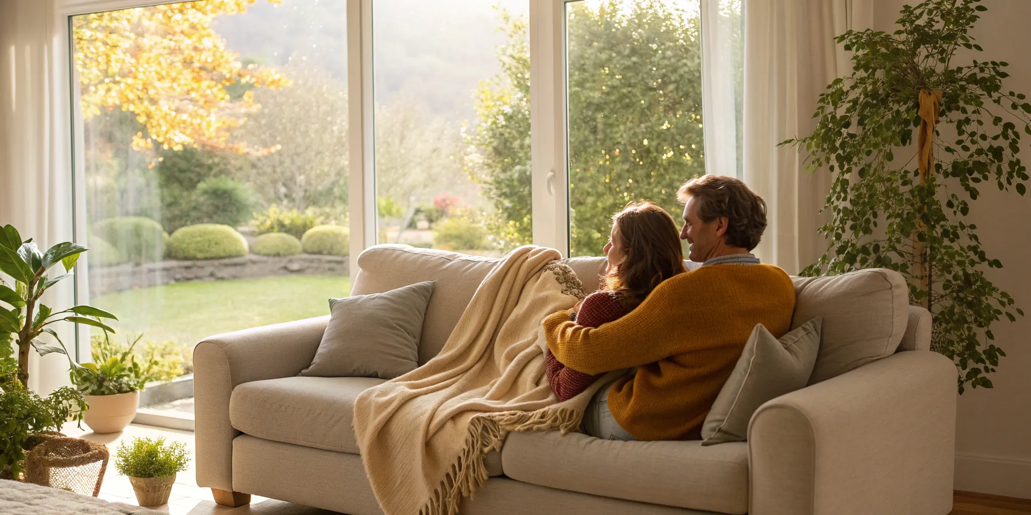 A couple at home on a couch, strengthening their relationship with online Gottman therapy.