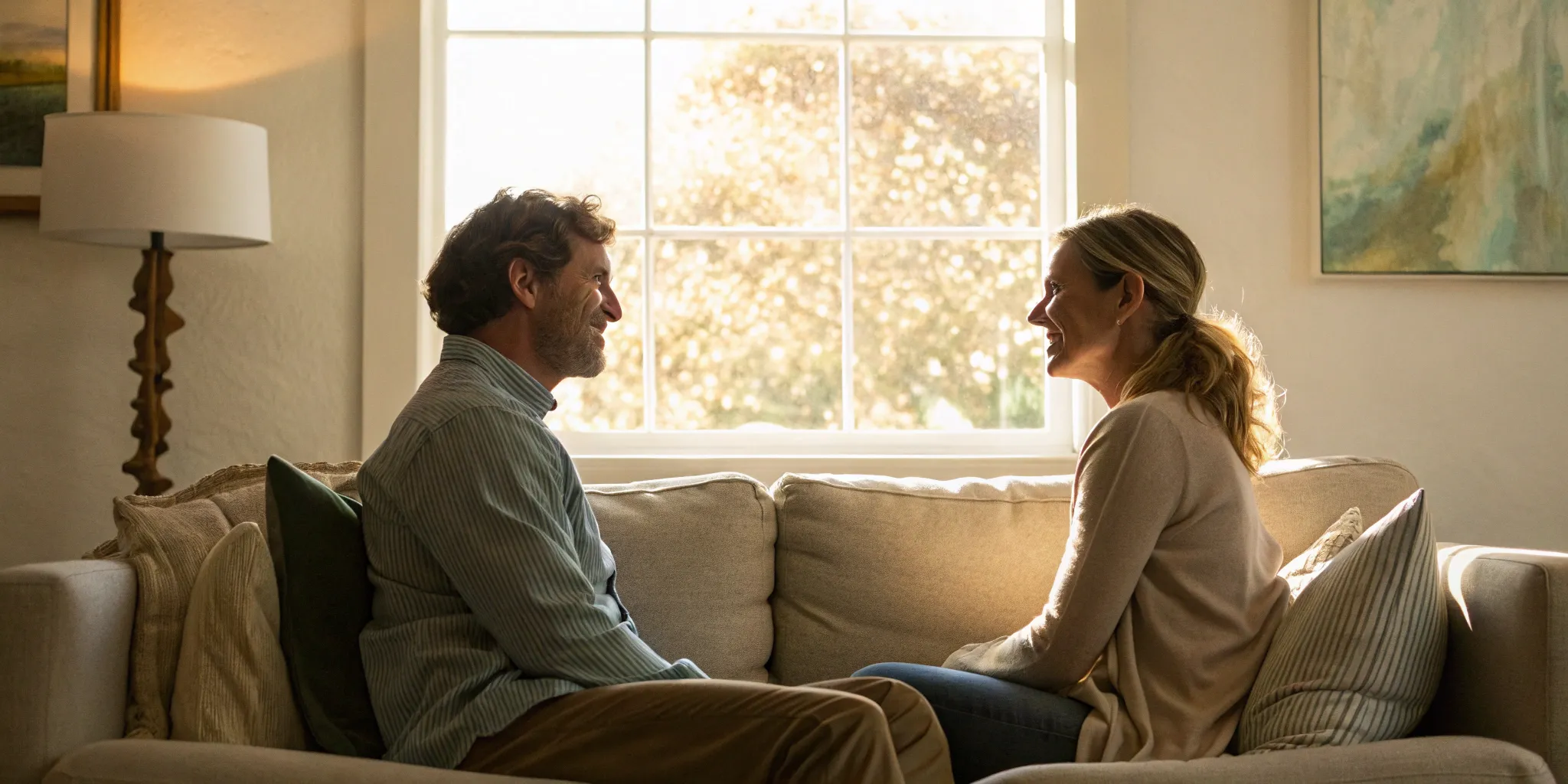 A serious couple on a couch, dealing with the doubts and anxiety of relationship OCD.