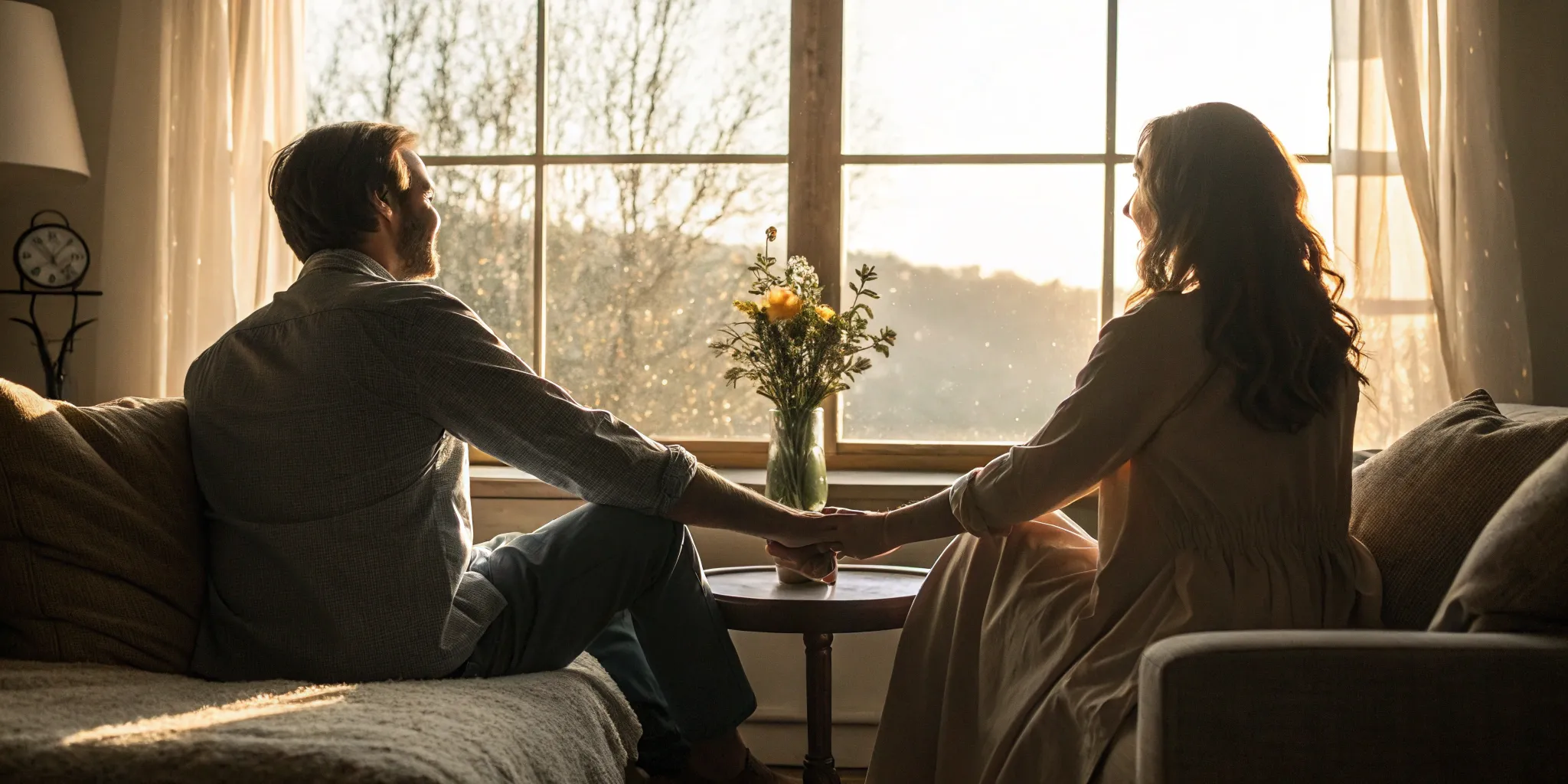 Couple on a couch holding hands, planning their future together with pre-wedding counseling.