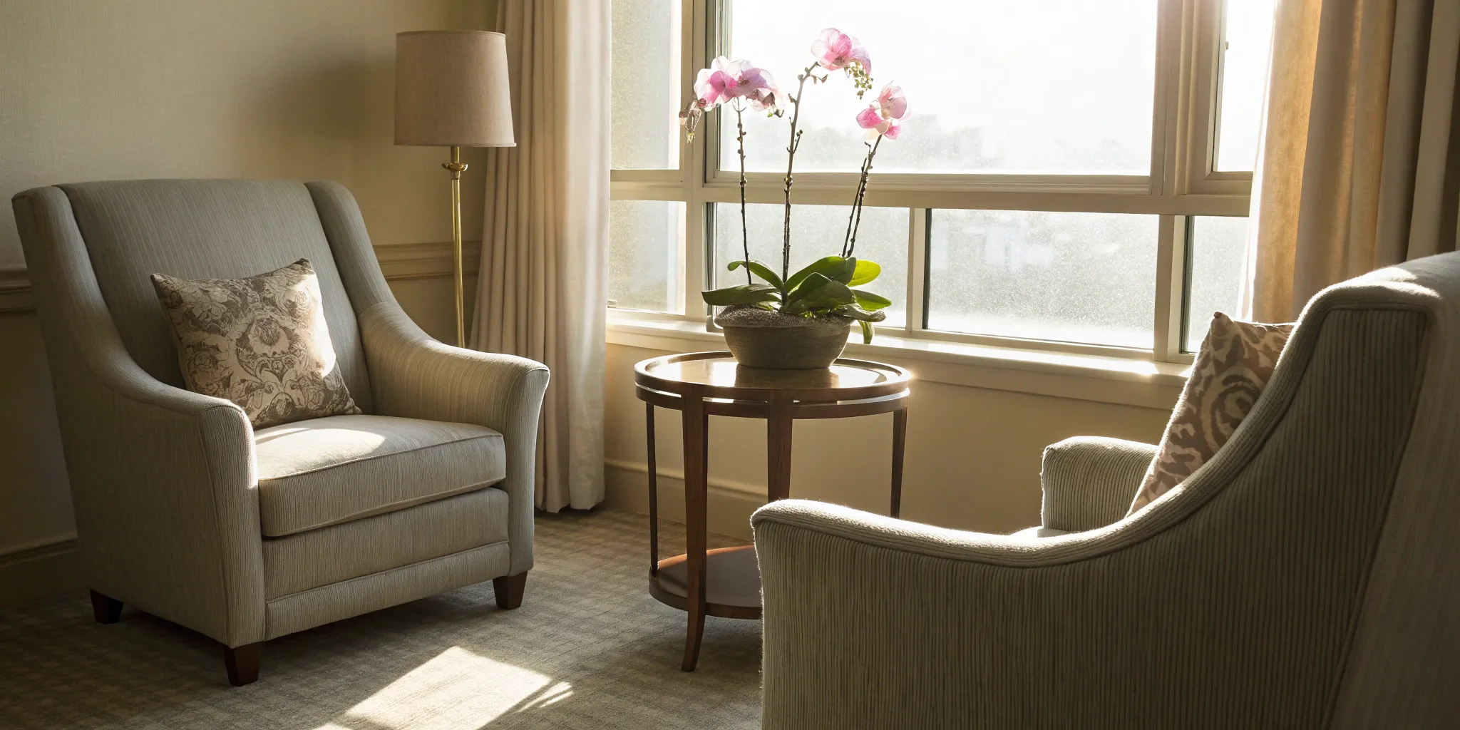 Two armchairs in a calm therapy office, a safe space for couples counseling.