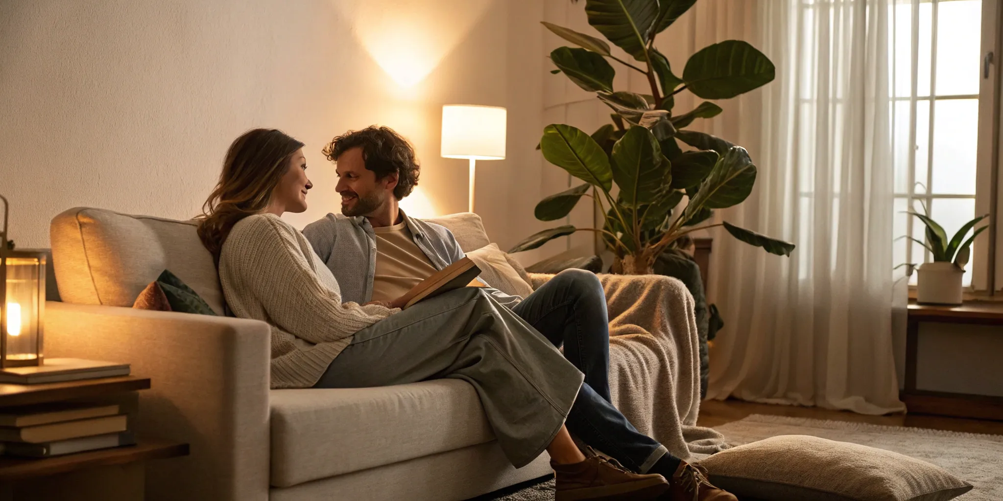 A couple on a sofa practicing secure attachment interventions for adults.