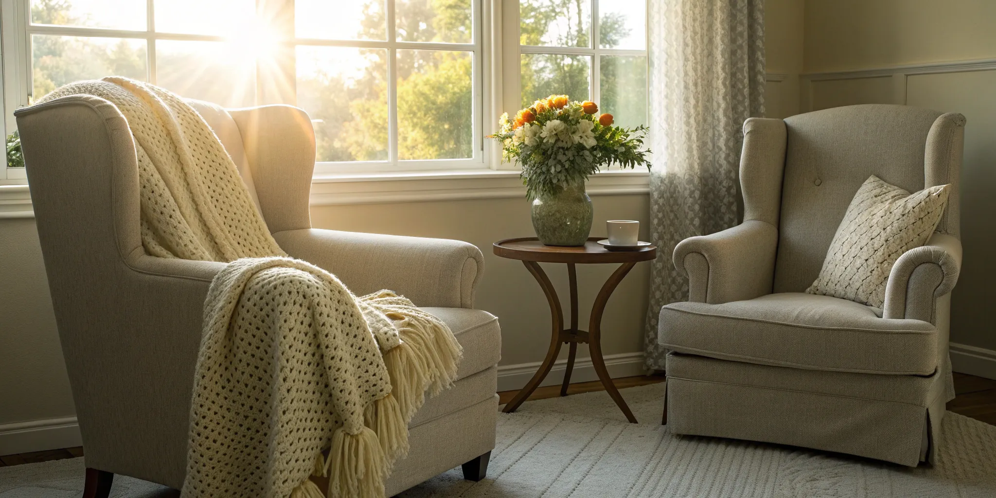 Two armchairs in a sunlit room, a calm setting for counseling before getting married.
