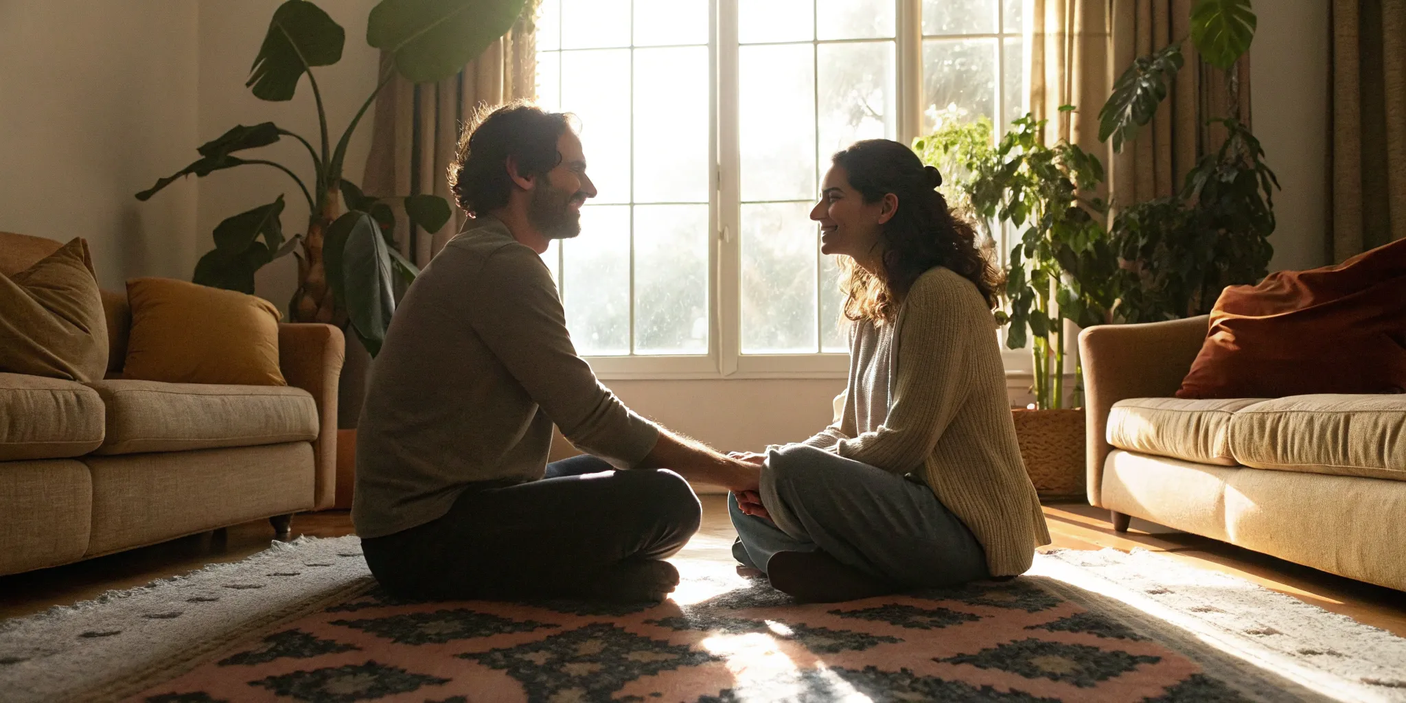 A couple works on intimacy with therapy exercises, sitting face to face and holding hands.