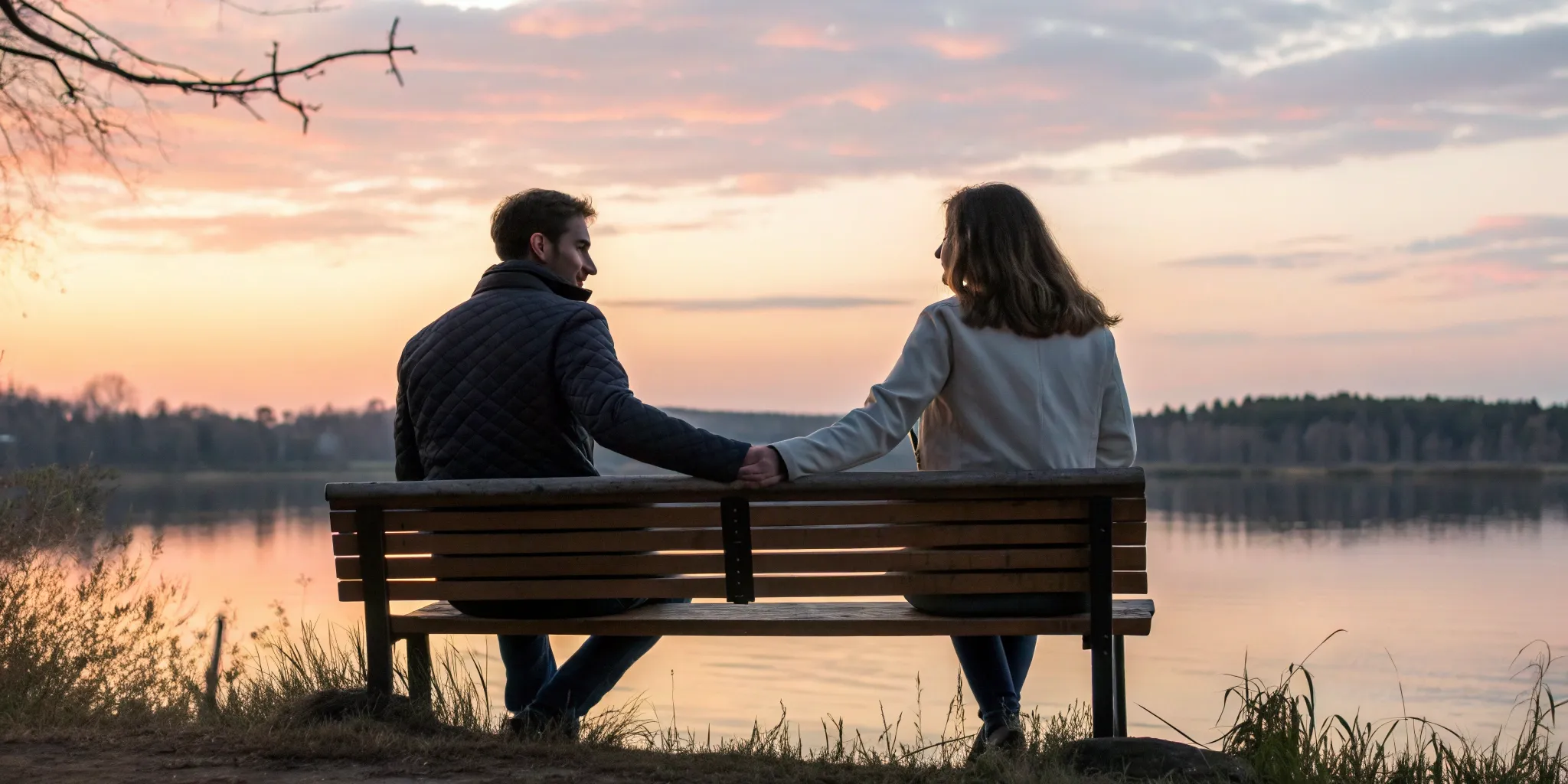 Couple holding hands on a bench, planning for their future with marriage counseling before getting married.