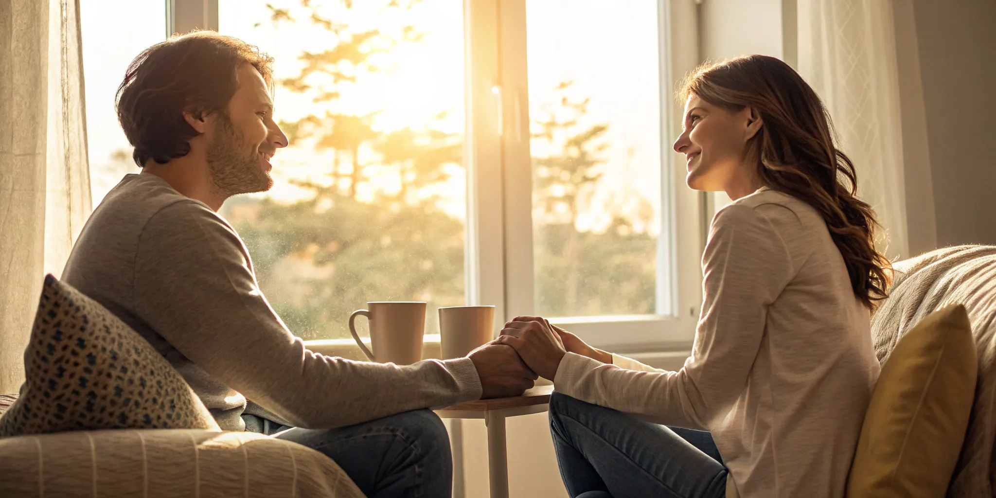 Couple on a couch smiling, ready for marriage with the best online premarital counseling.