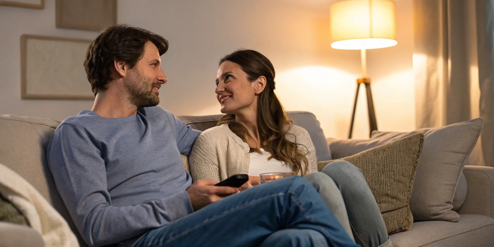 A couple on a couch makes eye contact while doing communication exercises for therapy.