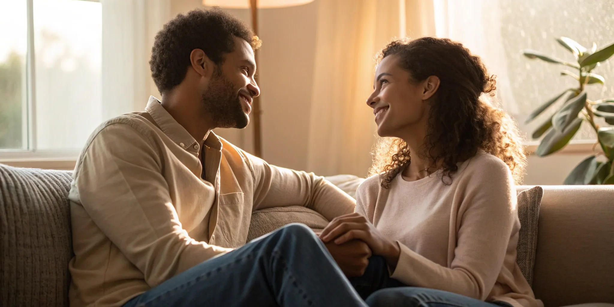 Happy couple on a couch considering if they have to have marriage counseling before getting married.