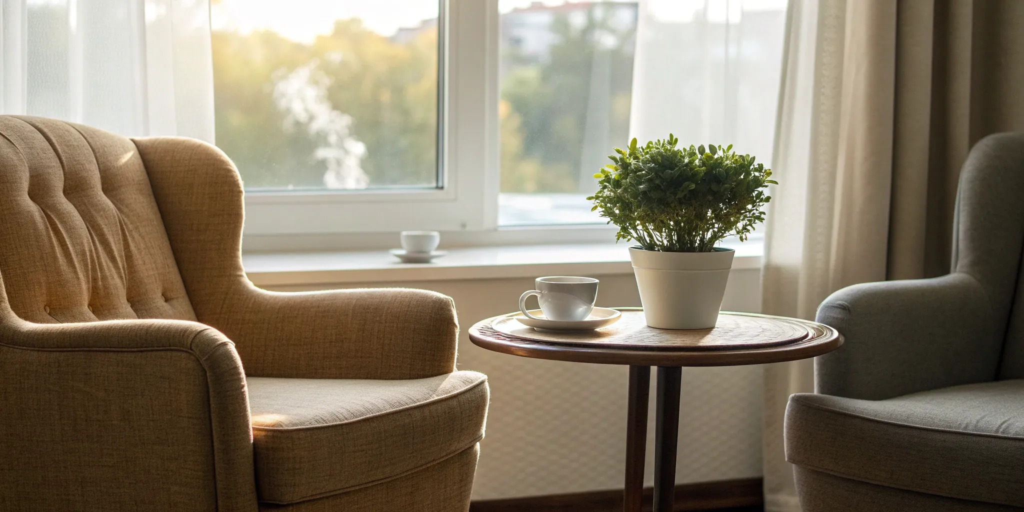 Two armchairs in a therapy setting for family systems vs internal family systems therapy.