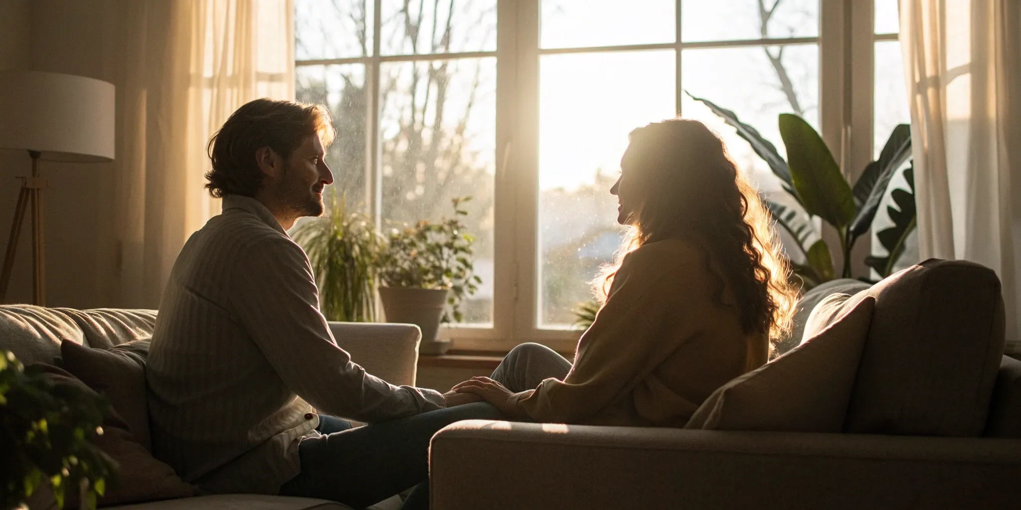 Couple holding hands on a couch, learning how to deal with trust issues and insecurities.