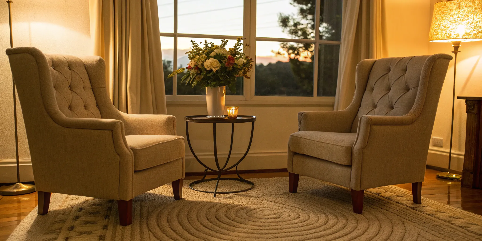 Two armchairs in a therapy office for a session about premarital counseling cost.