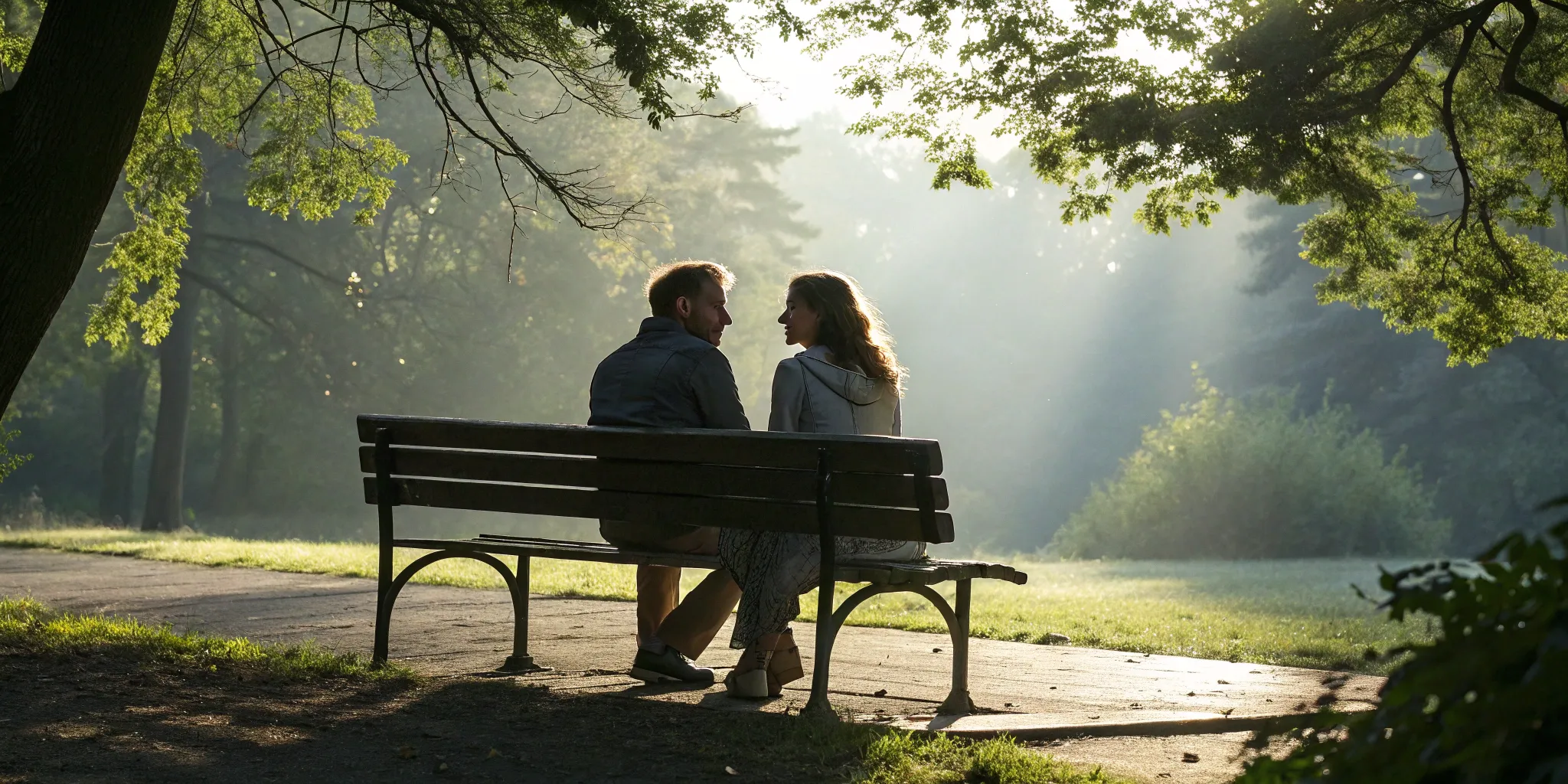 Couple on a park bench, one person dealing with relationship OCD doubts about not being in love.