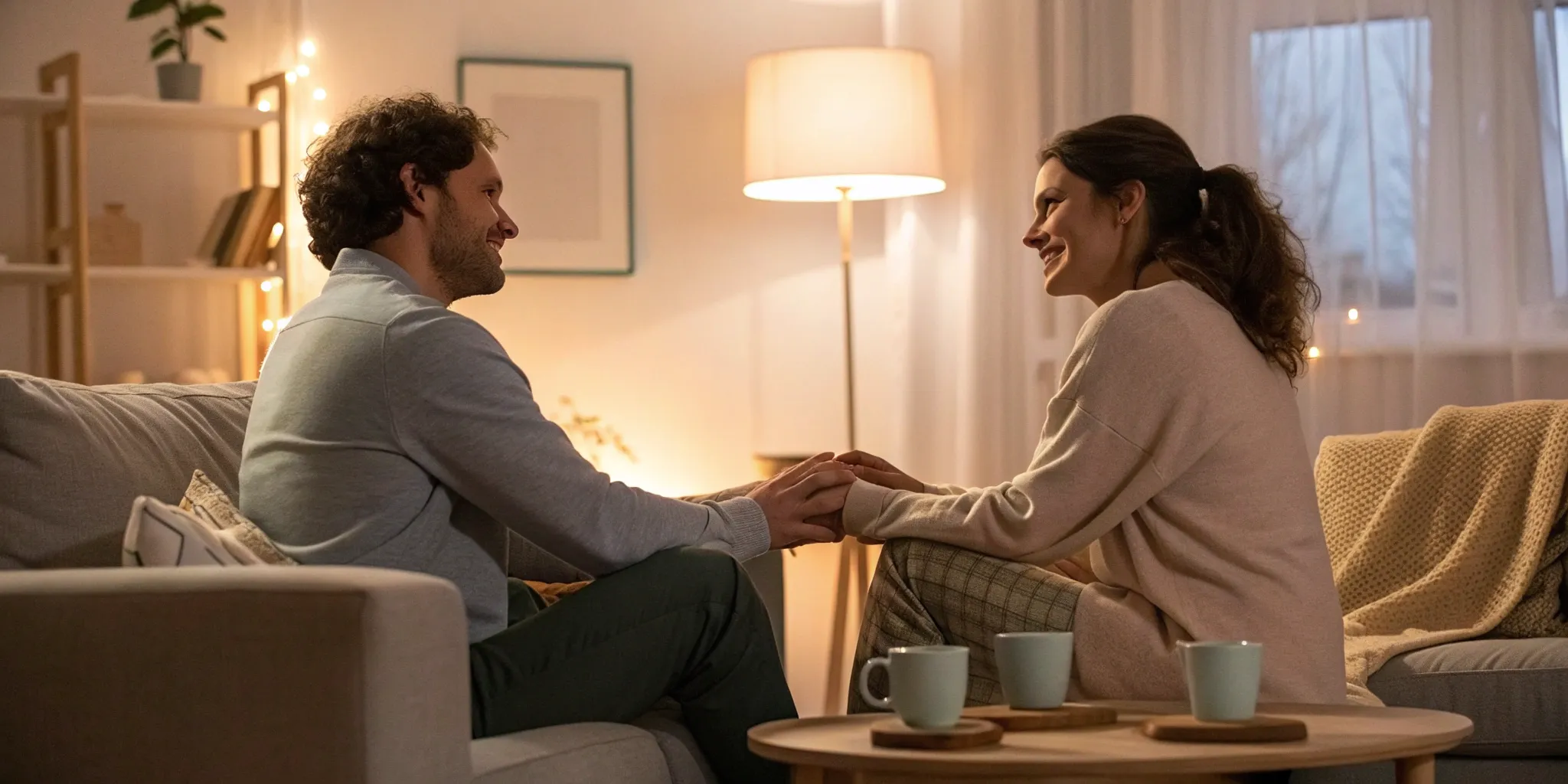 Couple holding hands on a couch during a therapy session for intimacy issues.