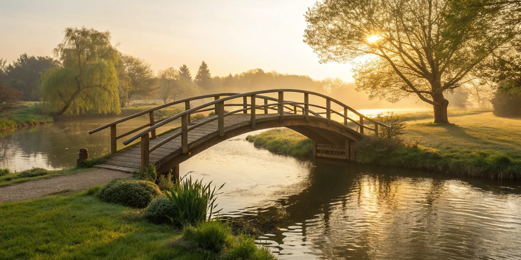 A wooden footbridge over a river at sunrise, showing the path to rebuild trust.