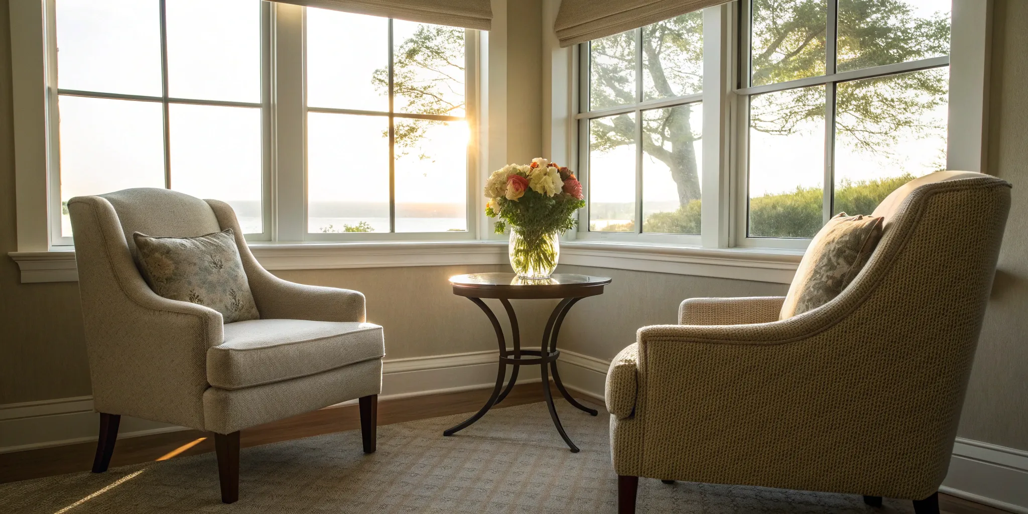 Two armchairs in a calm setting for a couple starting premarital counseling.