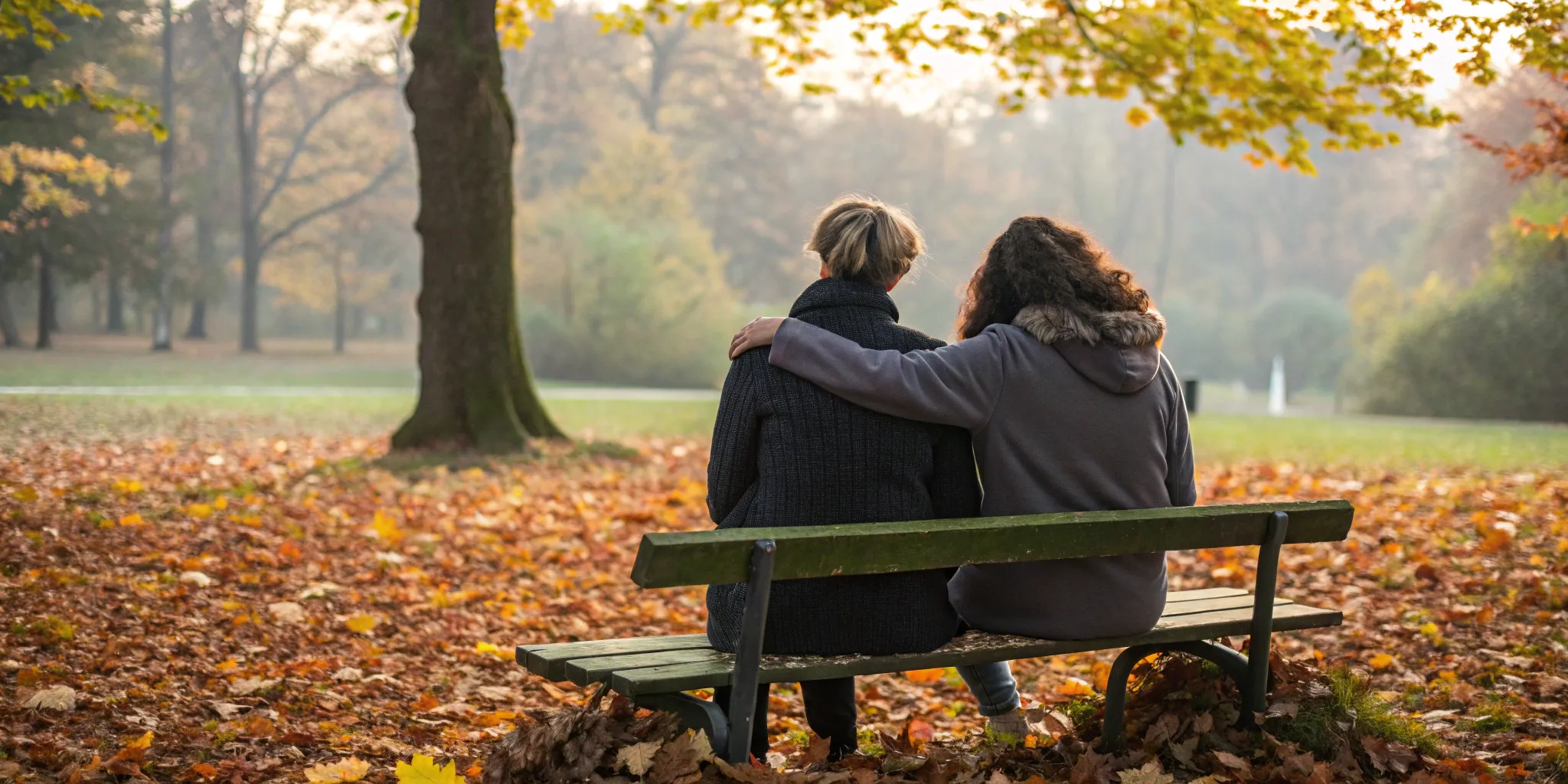 A friend comforts another on a bench, navigating the challenges of relationship OCD with friends.