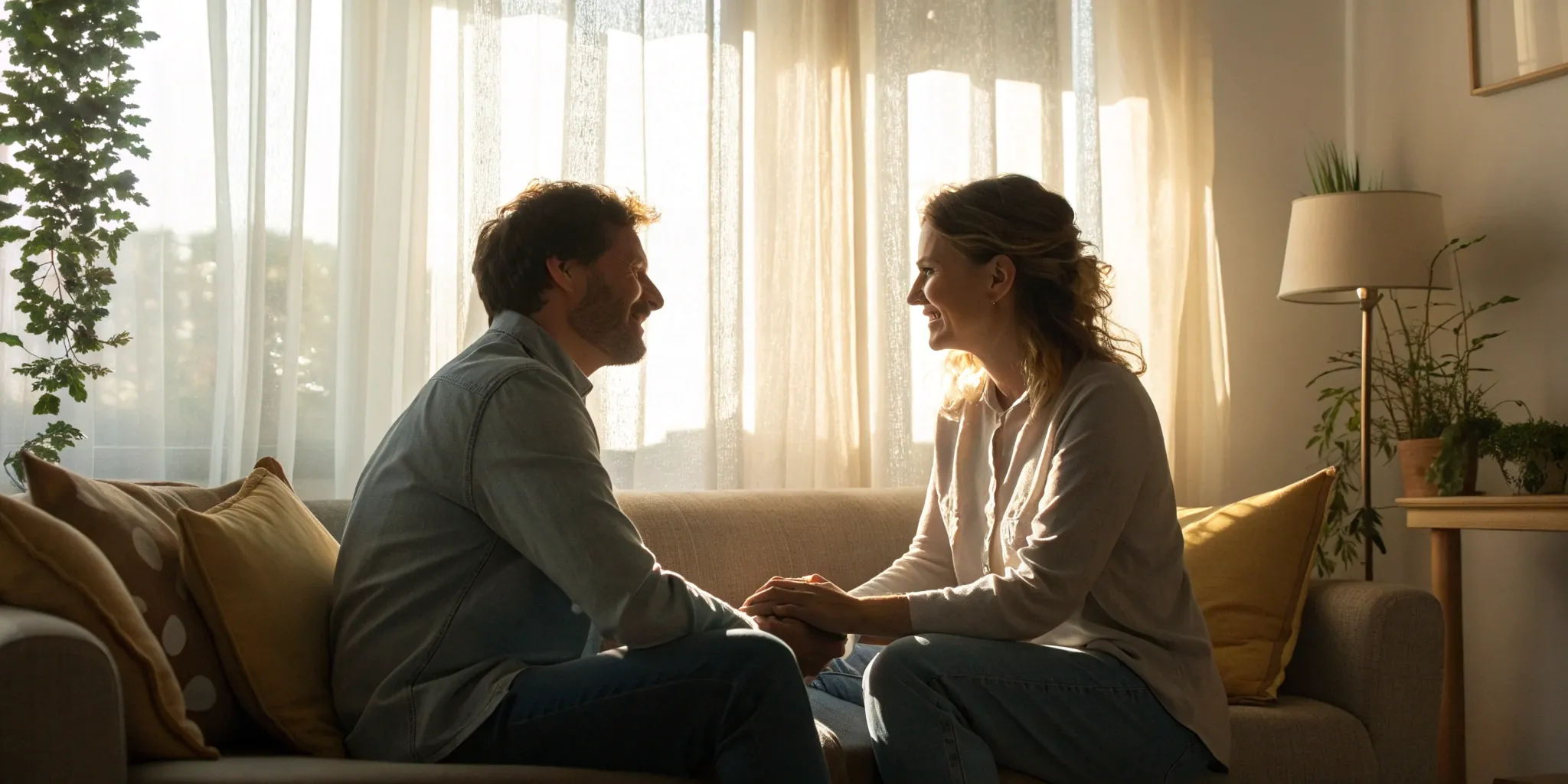 Smiling couple holding hands on a couch during pre-wedding couples counseling.