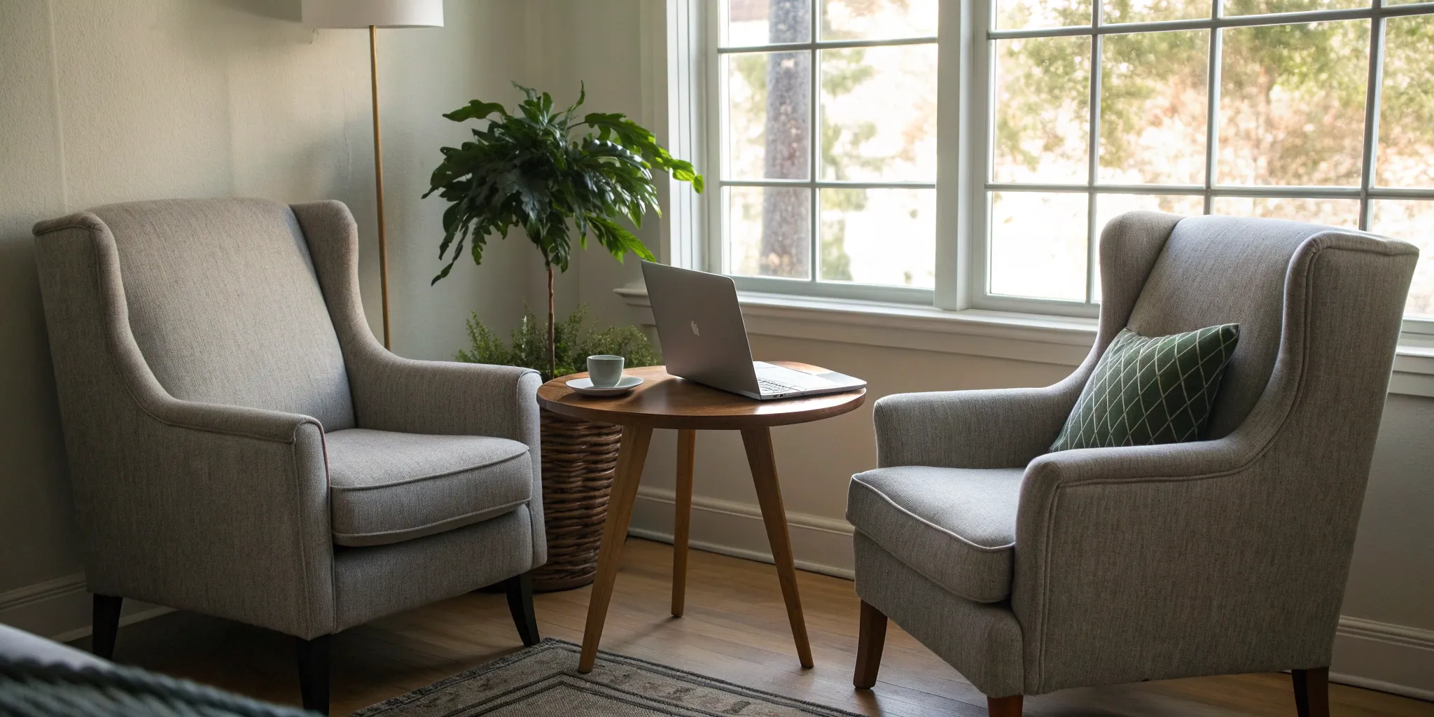 Cozy living room with a laptop ready for a couple to access the benefits of virtual relationship therapy.