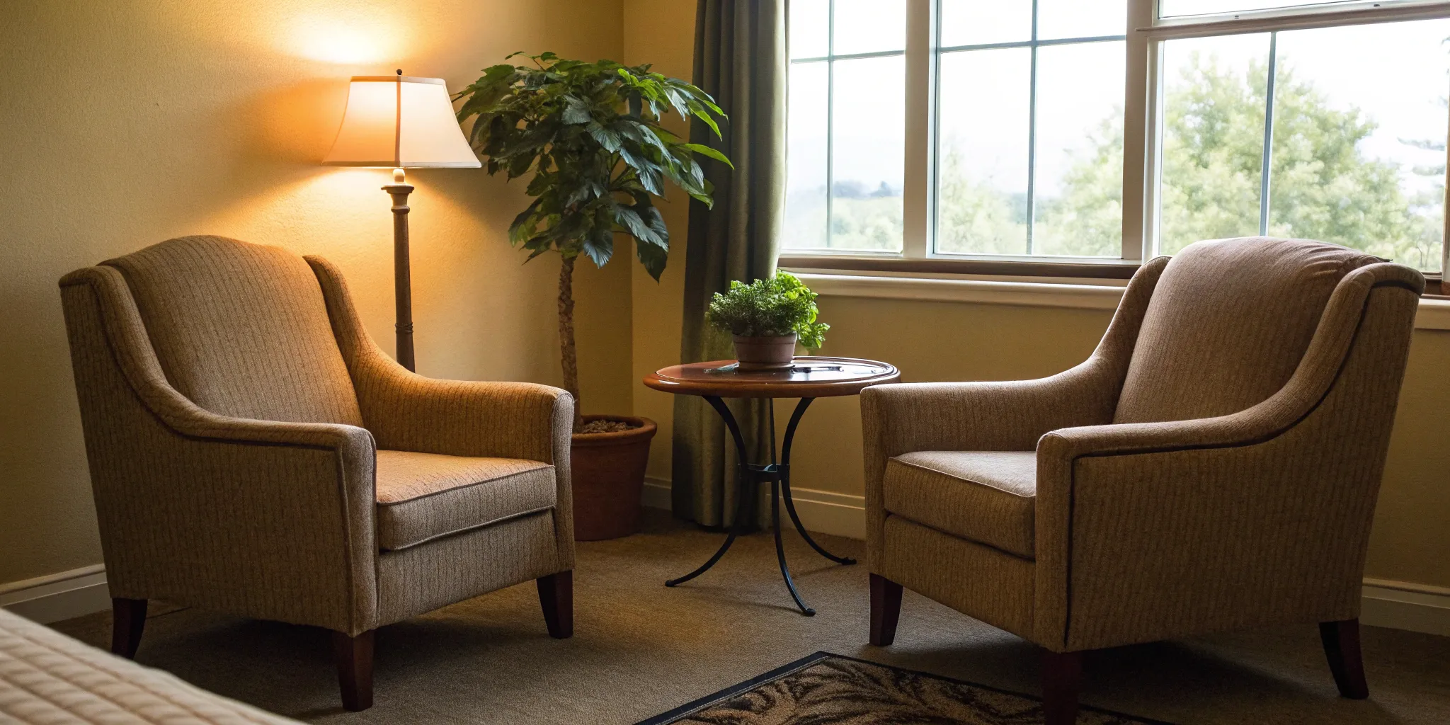 Two armchairs in a therapy office, a setting for finding the best therapist for intimacy issues.