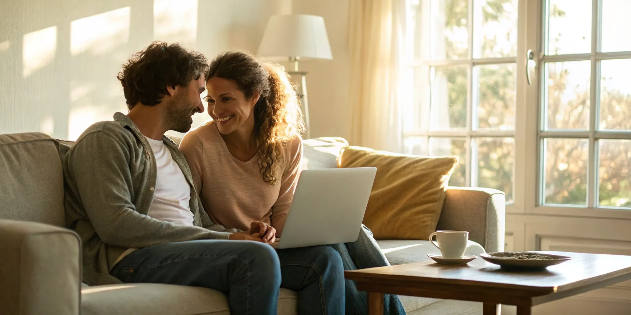 Couple on a couch using a laptop to find the best online therapy for couples.