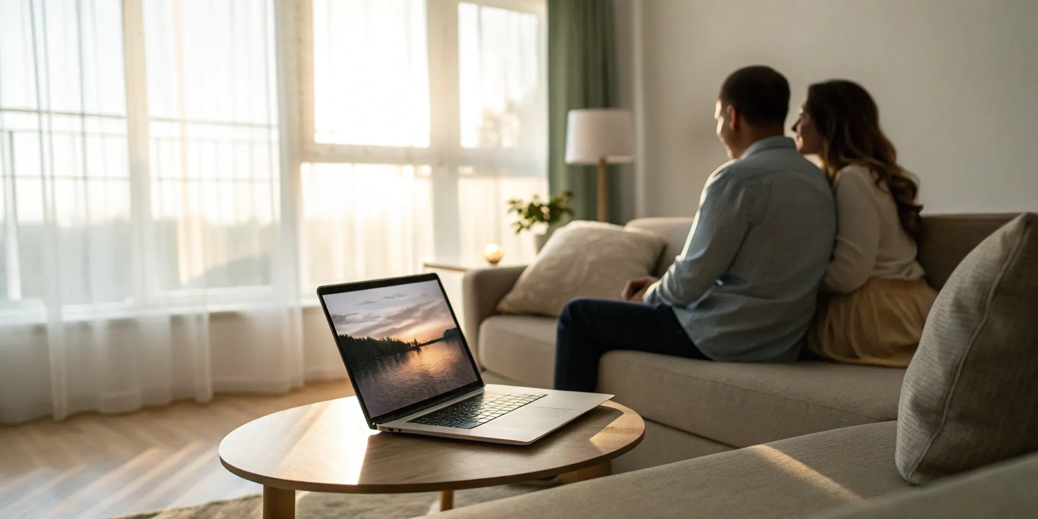 A couple books an online therapy session on a laptop from their couch.