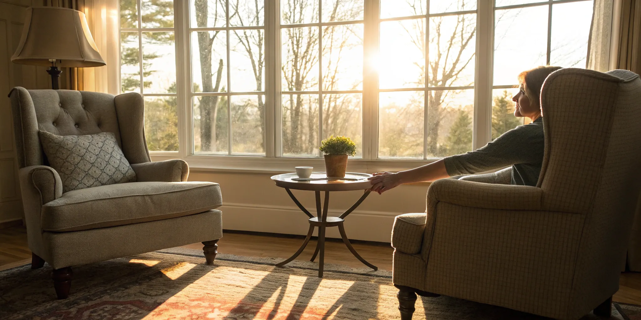 Woman in a sunlit armchair preparing to book a Gottman therapy session.