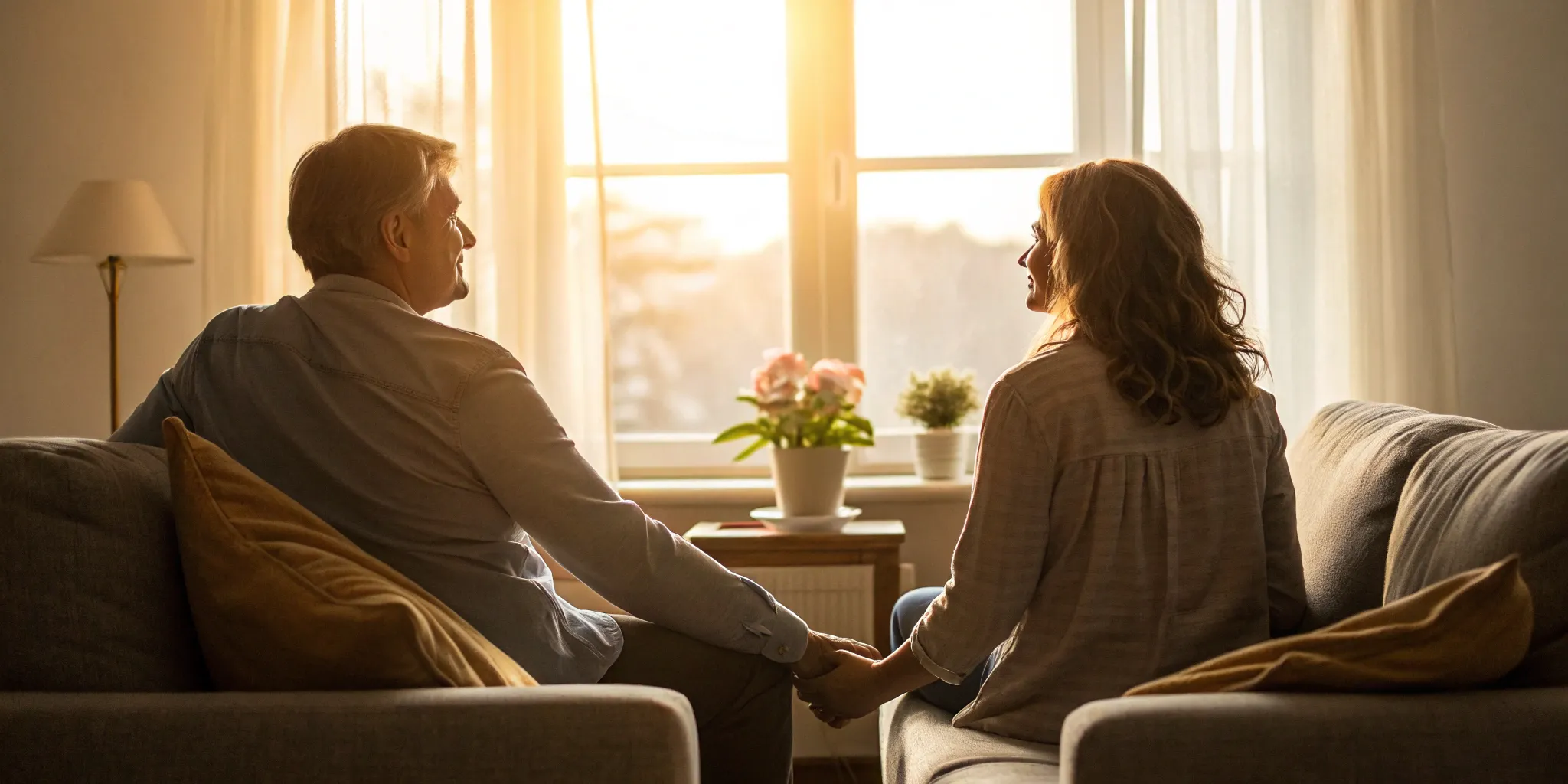 Couple holding hands on a couch, considering if marriage counseling can prevent divorce.