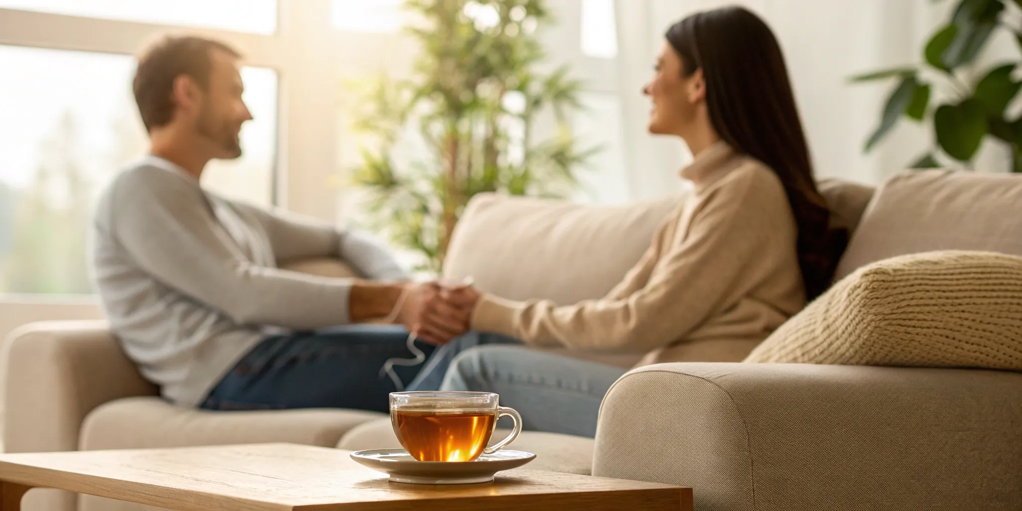 Couple holding hands on a couch, deciding on couples counseling before divorce.